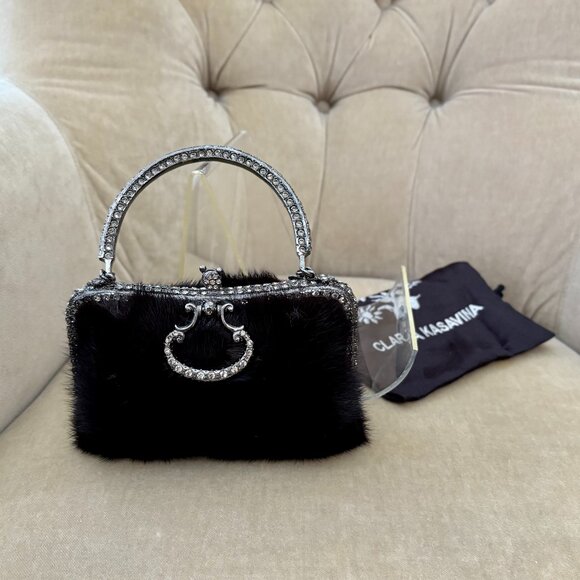 VTG Auth CLARA KASAVINA Genuine Mink Fur & Swarovski Crystal Minaudiere Bag - Picture 1 of 8